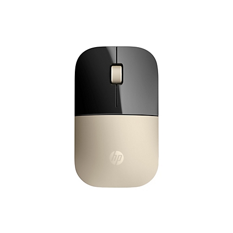 Eine kabellose HP-Maus in Gold und Schwarz auf weißem Hintergrund.