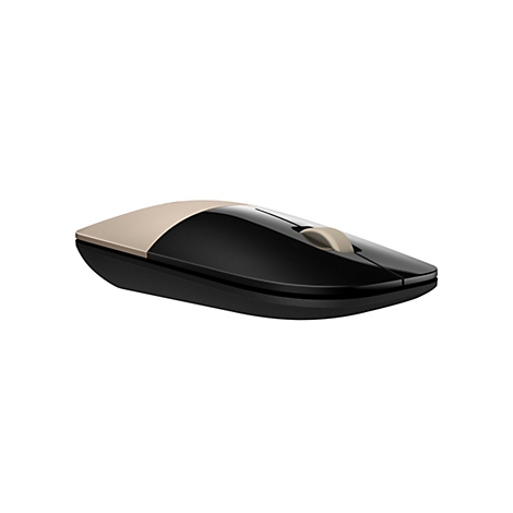Flache, moderne Computermaus in Schwarz und Gold vor weißem Hintergrund.