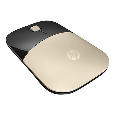 Flache, kabellose HP-Maus in Gold und Schwarz mit HP-Logo auf weißem Hintergrund.