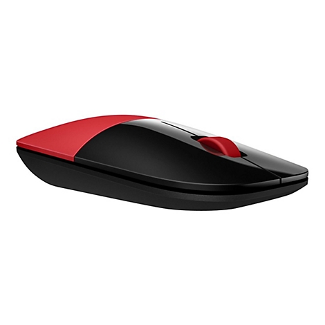Drahtlose Maus, schwarz mit roter Oberseite und Scrollrad. Auf weißem Hintergrund.
