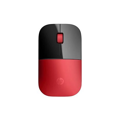 Drahtlose Computermaus. Oberteil grau, Unterteil rot. Mittig roter Knopf. HP Logo unten.