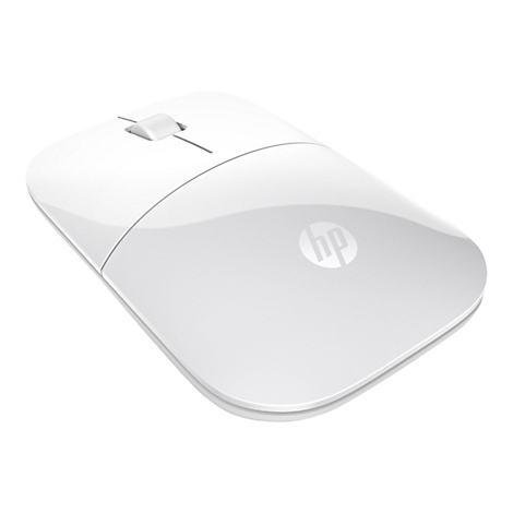 Weisse kabellose Maus von HP mit Scrollrad, HP Logo.