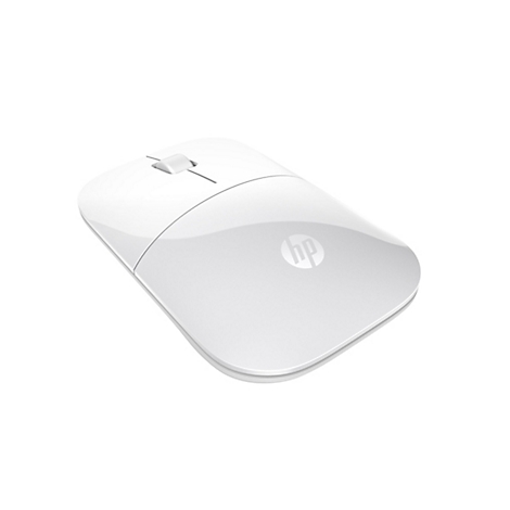 Weisse, ergonomische HP-Maus mit Logo, Scrollrad und Maustasten.