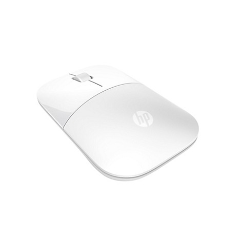 Weisse Computermaus von HP. Oberseite mit Mausrad und HP Logo.