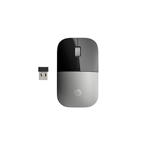 Eine kabellose HP-Maus in Grau und Schwarz mit dazugehörigem USB-Empfänger auf weißem Hintergrund.