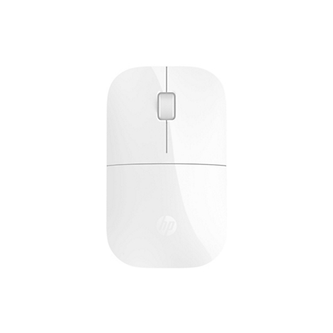 Weiße, kabellose HP-Maus von oben gesehen, mit Scrollrad und HP-Logo.