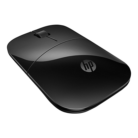 Schwarze HP-Maus mit Scrollrad und HP-Logo. Das Design ist flach und modern.