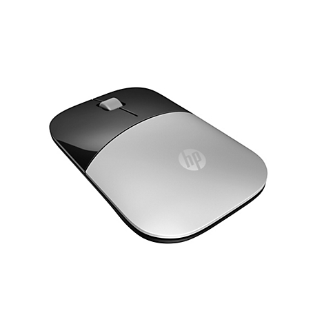 Eine kabellose HP-Maus mit silberner Oberfläche, schwarzem vorderen Bereich und grauem Mausrad.