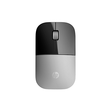 Draufsicht einer glänzenden schwarzen und silbernen HP-Funkmaus vor weißem Hintergrund.