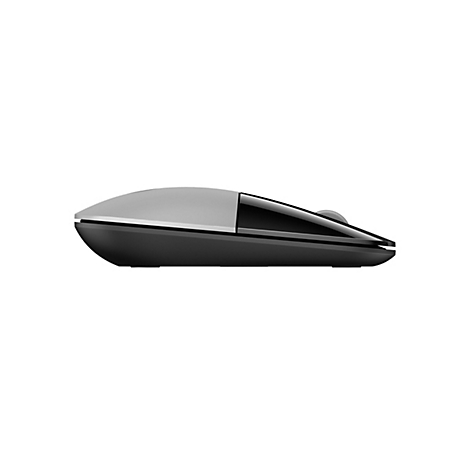Seitenansicht einer flachen, zweifarbigen Computermaus in Silber und Schwarz vor weißem Hintergrund.