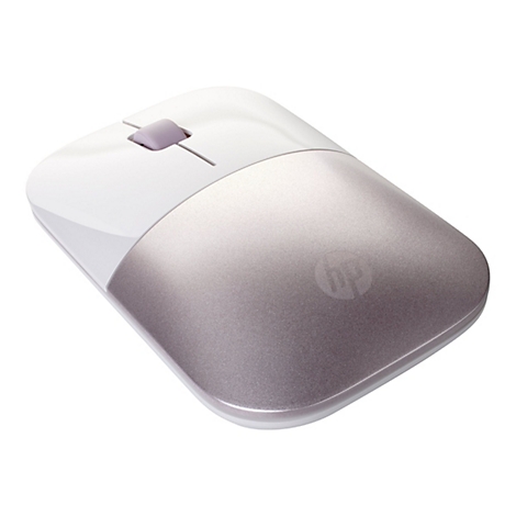 Weiße und silbern-metallische HP Computermaus mit hellem Mausrad vor weißem Hintergrund.