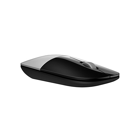 Flache, kabellose Computermaus in Schwarz und Silber mit einem mittigen Scrollrad vor weißem Hintergrund.