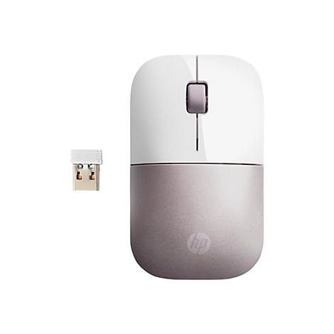 Weiße und silberne HP Funkmaus mit zugehörigem USB-Empfänger auf weißem Hintergrund.