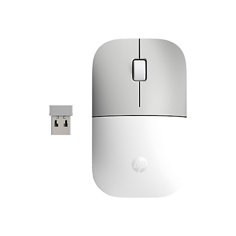 Kabellose weiße Computermaus mit USB-Empfänger. Die Maus hat eine glatte, leicht gewölbte Oberseite und ein HP-Logo.