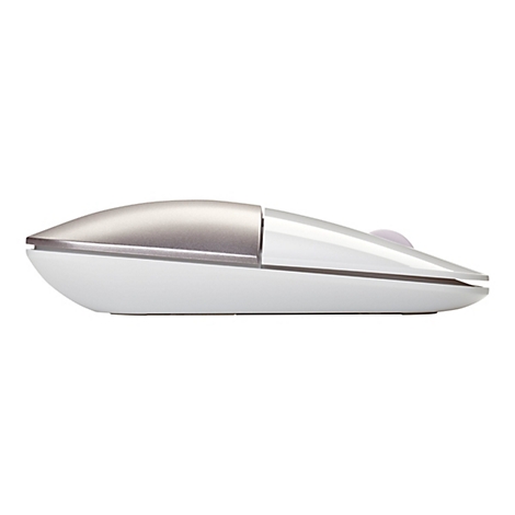 Draufsicht auf eine Computermaus, die hauptsächlich aus Weiß und Silber besteht. Die Maus hat ein schlankes, modernes Design.