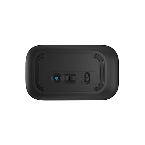 Unterseite einer schwarzen kabellosen Maus mit Connect-Taste, optischem Sensor und Schalter für 2.4G, Aus und Bluetooth.