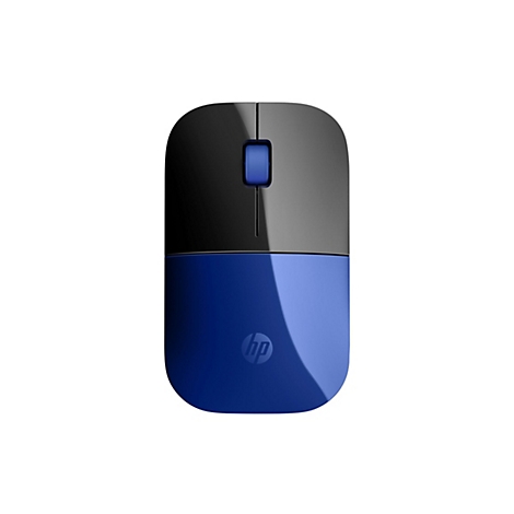 Drahtlose Computermaus von HP. Oberseite schwarz, Unterseite blau mit HP Logo.