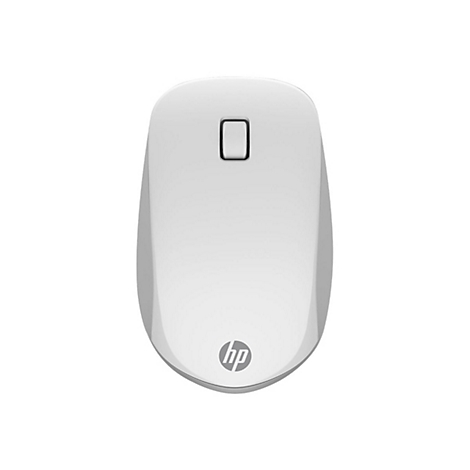 Drahtlose, weisse HP Maus mit Rollrad und HP-Logo.