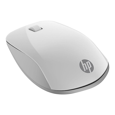 Weiße kabellose Maus von HP, graues Scrollrad und HP-Logo.