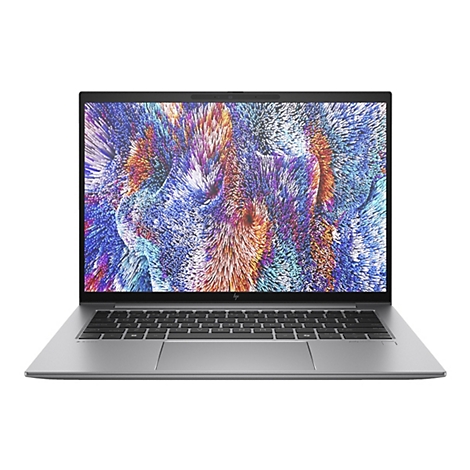 Ein silberner Laptop mit geöffnetem Display, das ein abstraktes, farbenfrohes Muster zeigt. Die Tastatur ist schwarz.