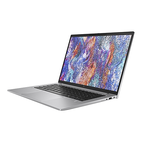 Graues Laptop mit geöffnetem Bildschirm, zeigt ein farbenfrohes, abstraktes Muster. Das Tastaturfeld ist schwarz, der Hintergrund weiß.