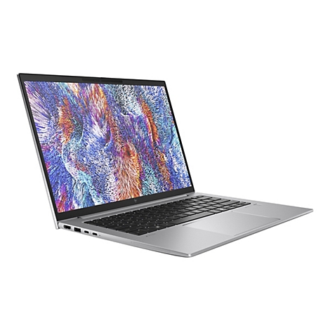 Graues Laptop mit geöffnetem Deckel. Der Bildschirm zeigt ein farbenfrohes, abstraktes Muster. Vor weißem Hintergrund.