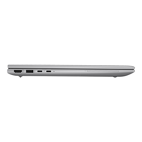 Seitenansicht eines silbernen Laptops auf weißem Hintergrund. HDMI, USB und weitere Anschlüsse sind zu sehen.