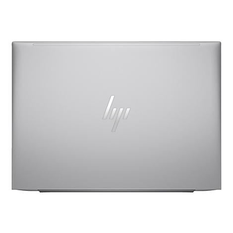 Draufsicht auf einen silbernen Laptop, HP-Logo in der Mitte.