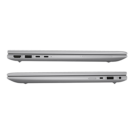 Ansicht eines silbernen Laptops von der Seite. Obere und untere Ansicht zeigen die Anschlüsse.