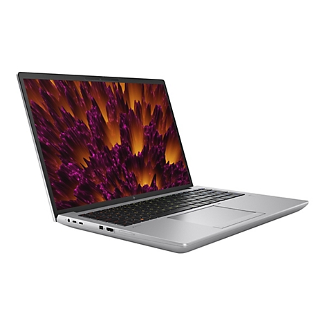 Grauer Laptop, Bildschirm mit lila und orangefarbenen Mustern. Er steht schrÃ¤g auf weiÃŸem Hintergrund.