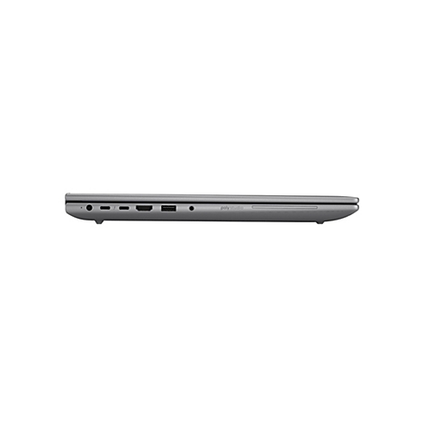 Grauer Laptop im Profil, Anschlüsse sichtbar. Marke: poly studio.