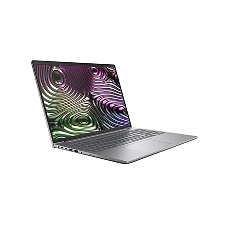 Graues Notebook im Winkel, Bildschirm mit abstraktem Design, weißer Hintergrund.
