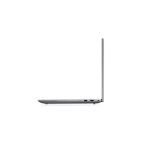 Graues Notebook im Profil. Geöffnetes Display auf der rechten Seite, Gehäuse mit Anschlüssen auf der linken Seite.