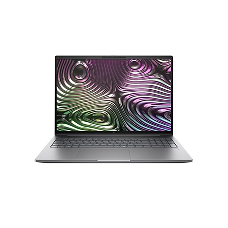 Grauer Laptop, geöffnet. Auf dem Display ist ein abstraktes Muster aus wellenförmigen Linien zu sehen. Tastatur und Gehäuse sind ebenfalls grau.