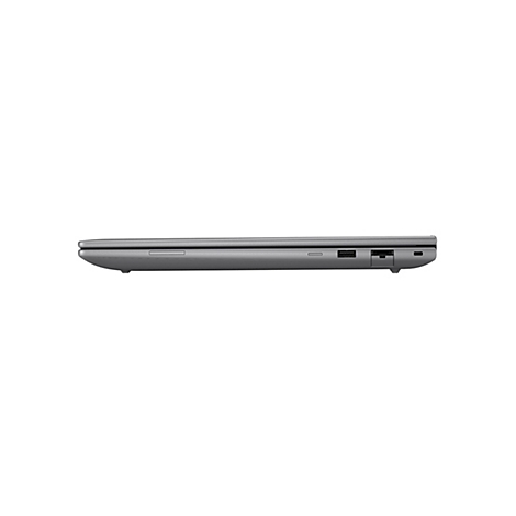 Graues Laptop-Seitenprofil mit Ports und SD-Karten-Einschub auf weißem Hintergrund.