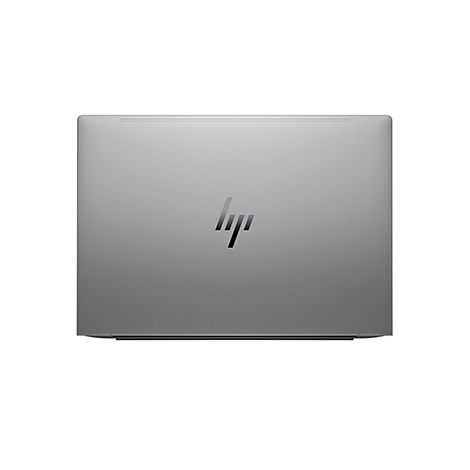 Ein silberfarbener Laptopdeckel mit dem HP-Logo, vor weißem Hintergrund.