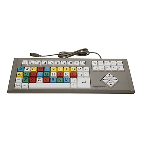 Graue Tastatur mit großen, bunten Tasten. Am oberen Rand befinden sich Zahlen und Sonderzeichen, darunter das QWERTZ-Layout.