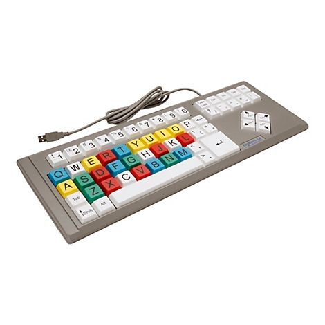 Eine spezielle Computertastatur mit großen, farbigen Tasten. Die Buchstaben- und Zahlentasten sind farblich unterschiedlich markiert.