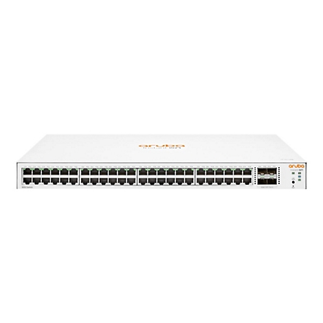 Weißer Netzwerk-Switch mit Ports, „aruba instant on“-Logo.