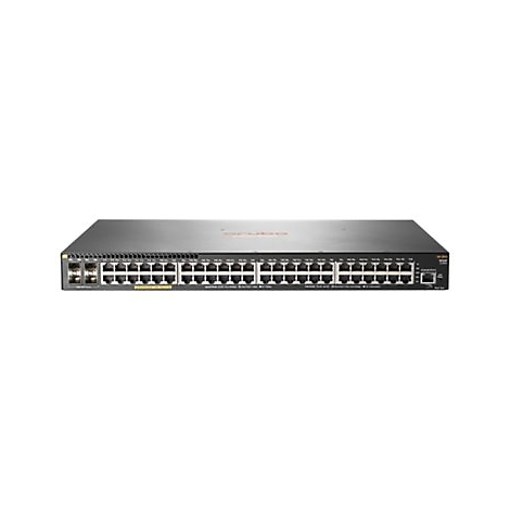 Ein schwarzer Aruba Switch, Frontansicht, mit vielen Netzwerkanschlüssen. Das Aruba-Logo ist oben eingraviert.