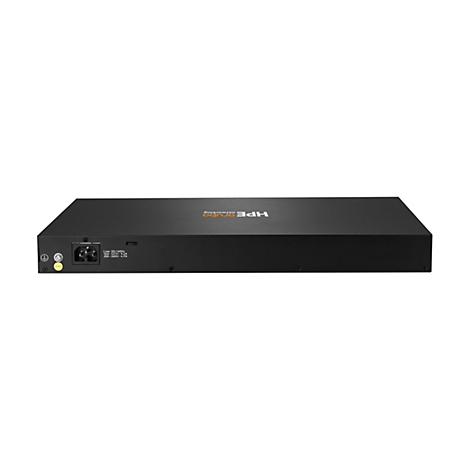 Ein schwarzes Netzwerkgerät, von oben fotografiert, mit dem HPE Aruba-Logo.