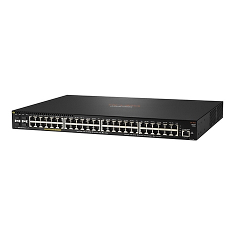 Schwarzer Netzwerk-Switch mit Ports und Beschriftungen. Das Aruba-Logo ist zu sehen.