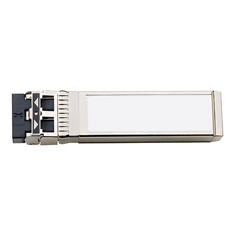 Un module SFP avec un boîtier en métal argenté. Une zone blanche est visible sur le dessus. Le module est doté d'un connecteur noir.