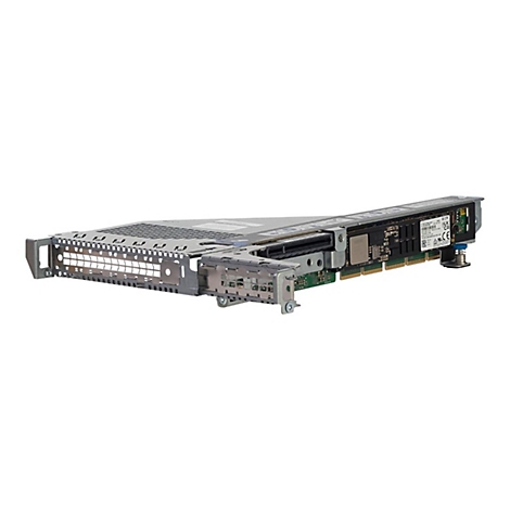 Ein Computer-Hardware-Teil, der auf weißem Hintergrund isoliert ist. Mehrere metallische und elektronische Komponenten sind sichtbar.