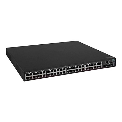 Schwarzer Netzwerk-Switch mit vielen Anschlüssen auf weißem Hintergrund. Auf der Vorderseite sind Anschlüsse und LED-Anzeigen zu sehen.