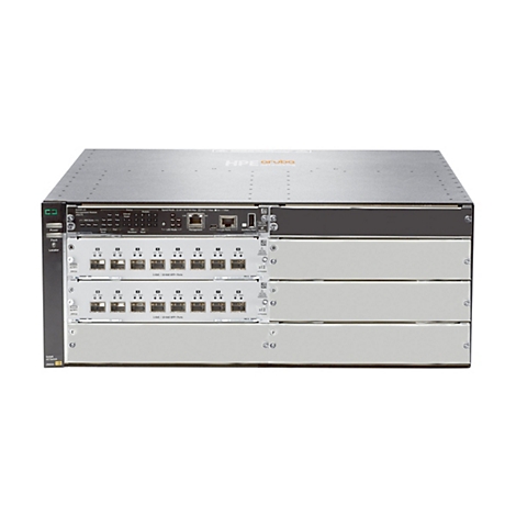 Un commutateur réseau gris avec des ports et des indicateurs. Le nom "HPE Aruba" est en haut.