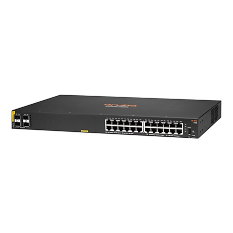 Ein schwarzer Aruba 6100 Switch, vorne mit Ports und Labels, sowie seitlich mit Lüftungsschlitzen.