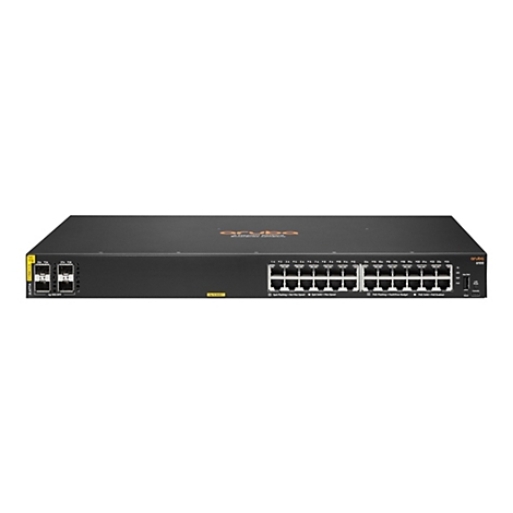 Ein schwarzer Aruba 6100 Switch mit verschiedenen Ports und LEDs. Oben mittig das Aruba-Logo, unten Schriftzüge.