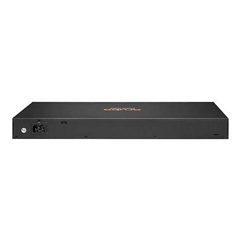 Schwarzer Netzwerk-Switch mit silbernen Anschlüssen und dem Markenlogo in Orange. Auf weißem Hintergrund.