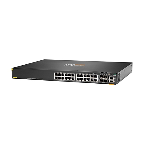 Schwarzer Netzwerk-Switch mit Ports und Anschlüssen, HPE-Logo. Auf dem Gerät sind verschiedene Statusanzeigen und Beschriftungen zu sehen.
